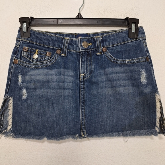 Aéropostale Y2K Distressed Front Frayed Slits Denim Micro Mini Skirt Size 1/2 - Picture 1 of 8